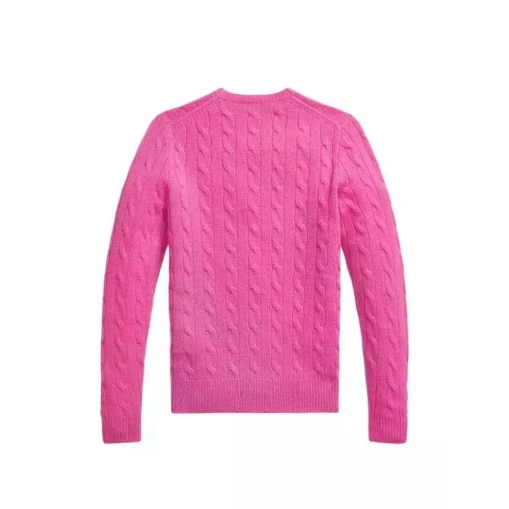 Vintage Ralph Lauren Mens XL Pink Cable Knit Cotton Crewneck Sweater Blue Pony